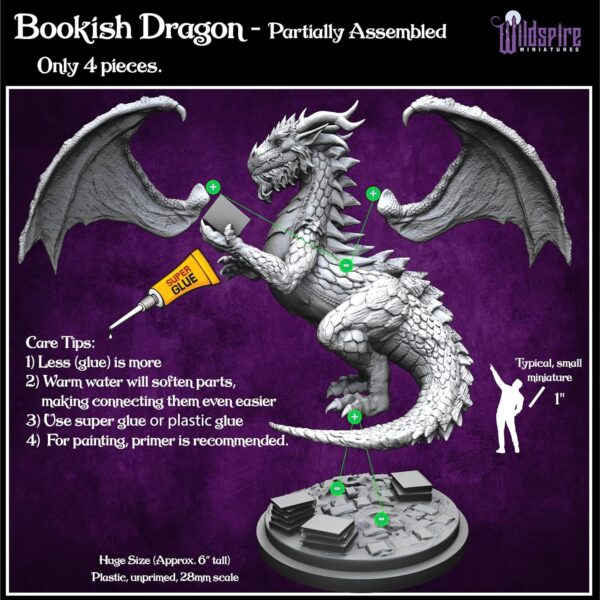 Fantasy Bookish Dragon Paintable DND Miniature Huge 6" D&D Dragon Mini 28-32mm Dungeons and Dragons Figure for Fantasy Tabletop Miniatures and Accessory, Partially Assembled for TTRPG - Image 5