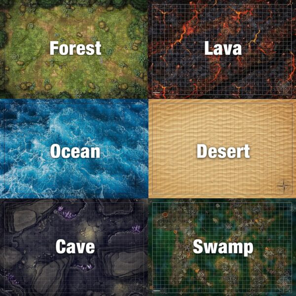 Tidyboss Dungeons and Dragons Expansion Set | 3 X Double Sides 24"x 36" Game Grid Mat | 6 Terrains with Lava, Sea, Forest, Cave, Swamp and Desert | Includes Condition Rings, Dry Erase Markers, Eraser, - Image 4