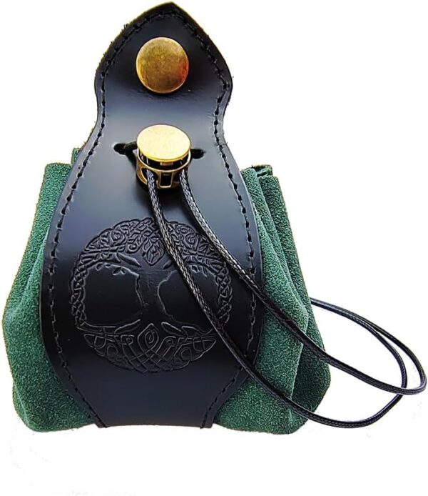 Black & Green Celtic Tree DND Gifts Dice Bag - Tray with Drawstring & Button Genuine Leather Dice Pouch Storage Bag for d&d Dices Jewelry Coin & Small Accessories - Image 2