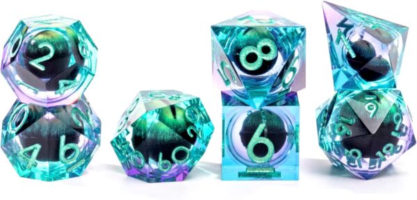 Beholder's Dragon Eye DND Dice Set,Sharp Edge Liquid Core Resin Handmade Cat Eye Dice with Gift Box 7 PCS for Role Playing Dungeons and Dragons Ttrpg(Green Purple Dragon Eye) - Image 8