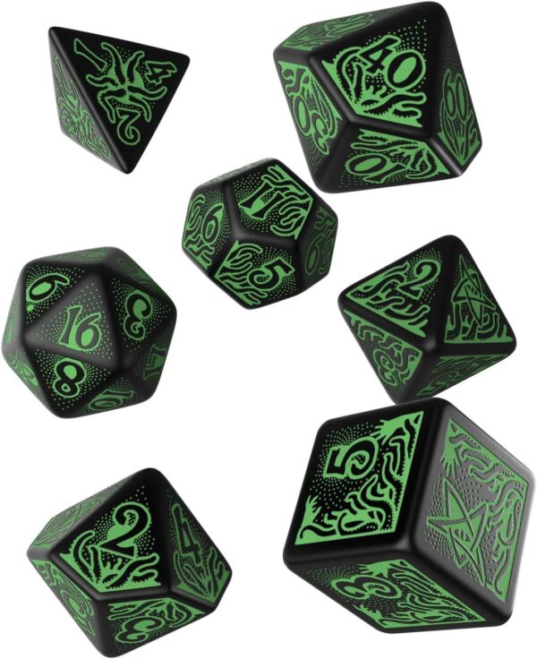 Q WORKSHOP Call Of Cthulhu black & green RPG Ornamented Dice Set 7 Polyhedral Pieces - Image 2