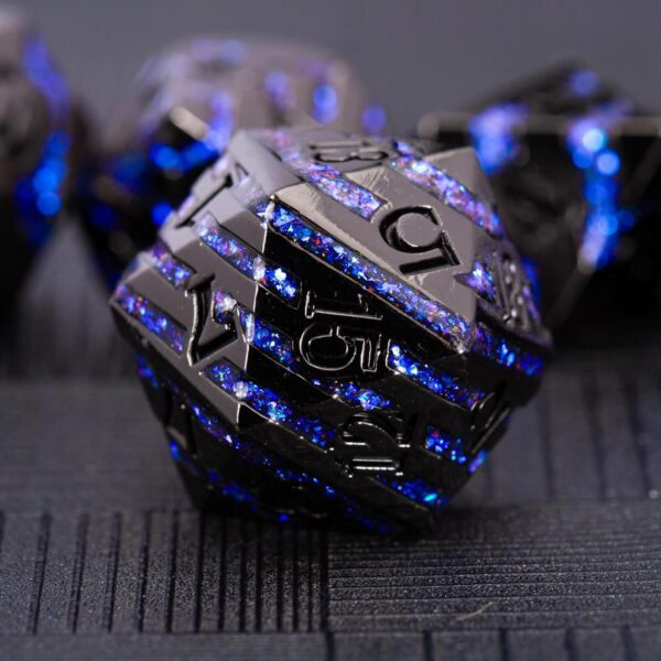 Metallic Glitter Stripes D&D Dice Set,7 PCS Polyhedral Dice with Gift,RPG Metal Dice Set Dungeons and Dragons Tabletop Game (Black Nickel Sapphire Blue) - Image 2