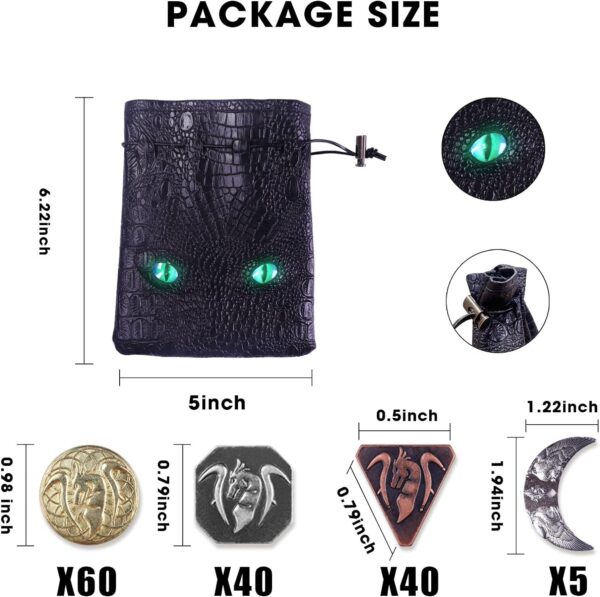 145PCS Metal DND Coins & Leather Bag, Contains 60 Gold Coins, 40 Sliver Coins, 40 Copper Coins and 5 Platinum Coins, Tokens with Glow in The Night Eyes Bag for RPG Tablelap Games - Image 3