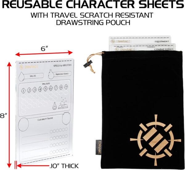 ENHANCE Tabletop Acrylic Character Sheet Set - Reusable 5e Dungeons and Dragons Character Sheets (Combat, Spell, Equipment) for All DND 5e Classes - Includes 3 Pages, Dry Erase Markers, Travel Pouch - Image 3