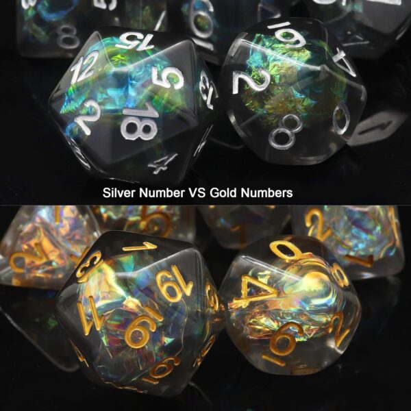 Haxtec Black DND Dice Set 7PCS Filled Resin Polyhedral D&D Dice W/Iridescent Mylar Inclusion Role Playing Dice Dungeons and Dragons Gift - Image 6