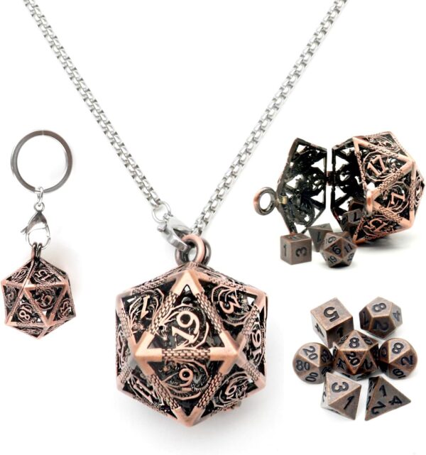 Haxtec Mini Metal DND Dice Set with Hollow Necklace Dice Case Antique Tiny Metal Dice Set D&D Keychain Portable 7PCS Dice Set - Image 2