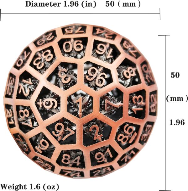 D100 DND Metal Hollow Dice D&D D100 Polyhedral Dice Dungeon and Dragon Gift Cosplay Dice Accessories Board Game Large Giant 50mm D100 Dice Pathfinder - red Copper - Image 6