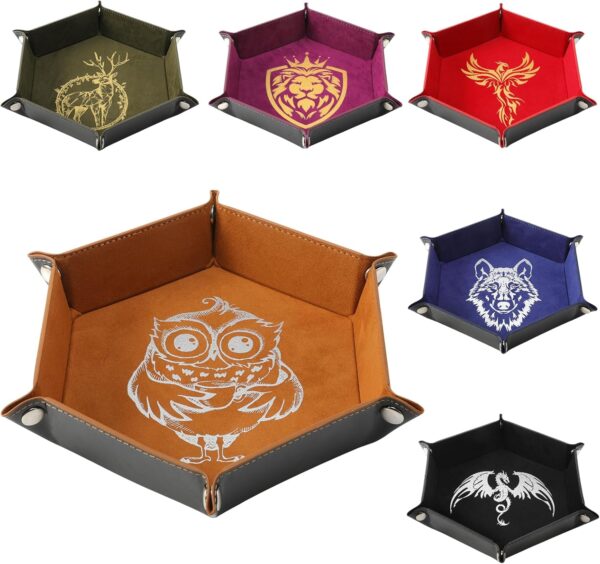 6 Pcs DND Dice Tray with Animals Pattern for RPG D&D Table Games - Folding PU Leather and Velvet Rolling Holder Storage Box - Image 2