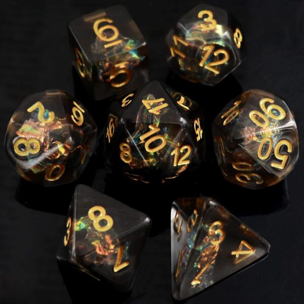 Haxtec Black DND Dice Set 7PCS Filled Resin Polyhedral D&D Dice W/Iridescent Mylar Inclusion Role Playing Dice Dungeons and Dragons Gift - Image 3