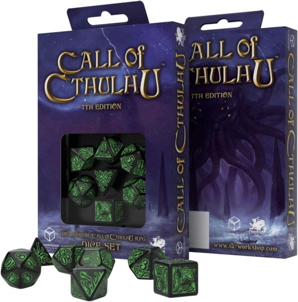 Q WORKSHOP Call Of Cthulhu black & green RPG Ornamented Dice Set 7 Polyhedral Pieces - Image 3