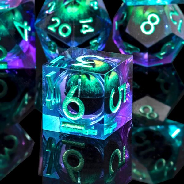 Beholder's Dragon Eye DND Dice Set,Sharp Edge Liquid Core Resin Handmade Cat Eye Dice with Gift Box 7 PCS for Role Playing Dungeons and Dragons Ttrpg(Green Purple Dragon Eye) - Image 6