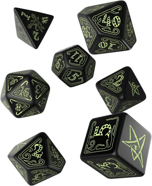 Q-Workshop Call of Cthulhu Black & Glow-in-The-Dark RPG Ornamented Dice Set 7 Polyhedral Pieces Black & Glow-in-the Dark, Standard (15mm - 17mm) - Image 2