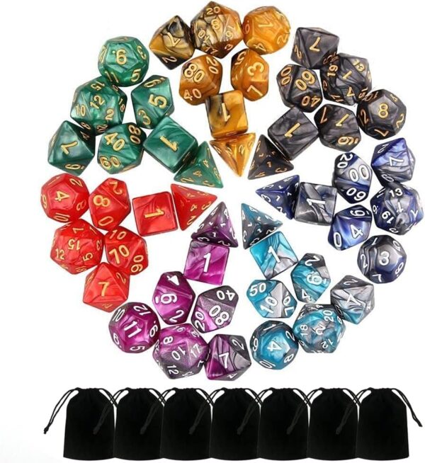 7 Sets (49PCS) Acrylic Polyhedral Dice Set for Dungeons & Dragons/RPG – Complete D&D/DND Dice Sets (D20, D12, D8, D6, D4 & 2×D10 [0-9 & 00-90]) with 7 Pouches - Image 2