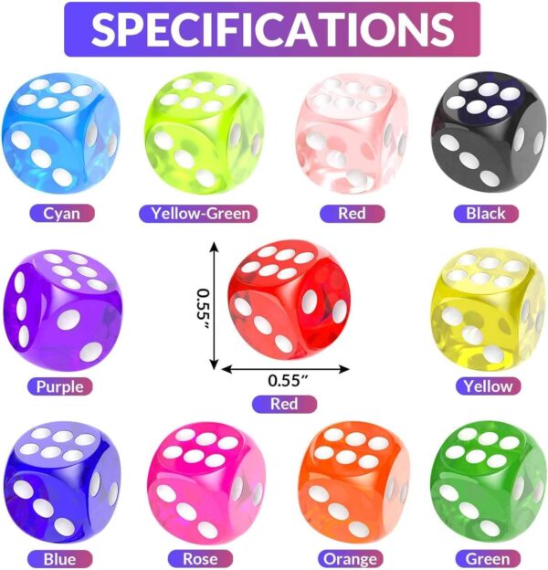 110 Pieces Dice Set, Colored Game Bulk Dices, Colorful Dices, 6 Sided Dice for Classroom Teaching, Board Game, Playing, Rolling, Small Six Sided 11 Color Red, Yellow, Blue, Green and More - Image 5