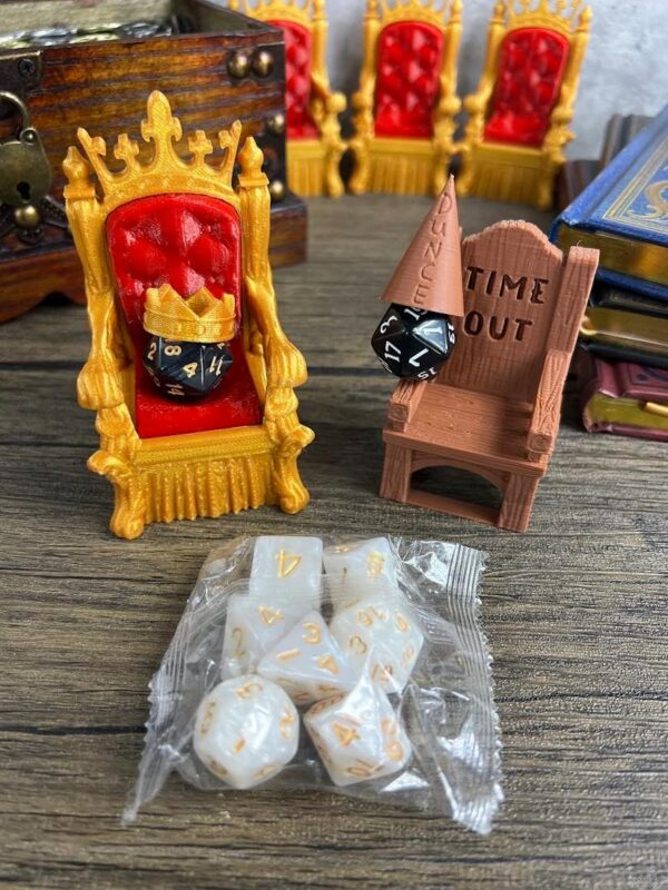 MunnyGrubbers - Dice Jail Cage - Time Out Chair & Dunce Hat - Chair of Shame - Crit Crown & Lucky Throne - (Random 7PC D20 Dice Set Included) - Gift for Dungeons and Dragons - DND - D&D - (Combo A) - Image 2