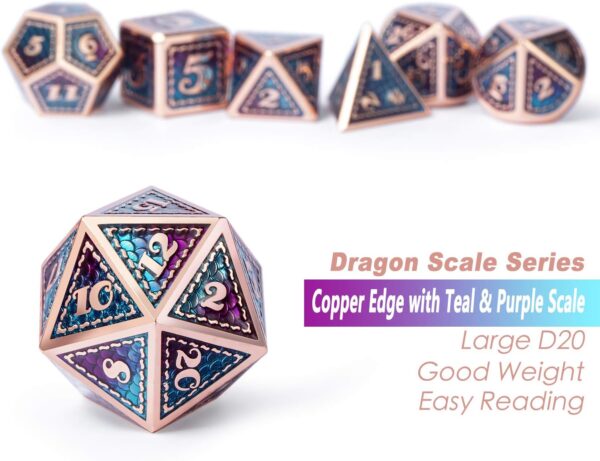 DNDND Metal D&D Dice Set,7 Pieces Dragon Scale Metallic D&D Die with Gift Metal Case for Dungeons & Dragon Game (Teal and Purple with Copper Edge) - Image 4