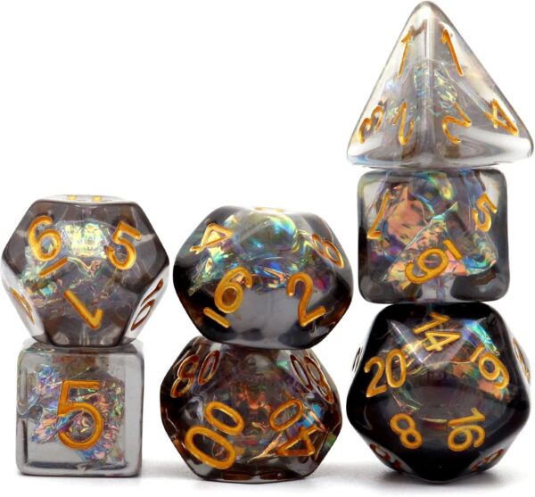 Haxtec Black DND Dice Set 7PCS Filled Resin Polyhedral D&D Dice W/Iridescent Mylar Inclusion Role Playing Dice Dungeons and Dragons Gift - Image 4