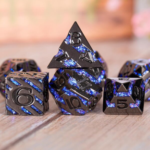 Metallic Glitter Stripes D&D Dice Set,7 PCS Polyhedral Dice with Gift,RPG Metal Dice Set Dungeons and Dragons Tabletop Game (Black Nickel Sapphire Blue) - Image 5