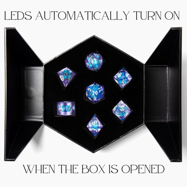 HEIMDALLR Liquid Core Dice Set with First Ever LED Display Case - 7-PC Hand-Painted Sharp Edge DND Dice Set with Gift Dice Box - Resin Dungeons and Dragons Dice Set (D&D Dice Set) (Starshimmer) - Image 4