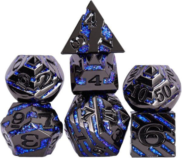 Metallic Glitter Stripes D&D Dice Set,7 PCS Polyhedral Dice with Gift,RPG Metal Dice Set Dungeons and Dragons Tabletop Game (Black Nickel Sapphire Blue) - Image 8