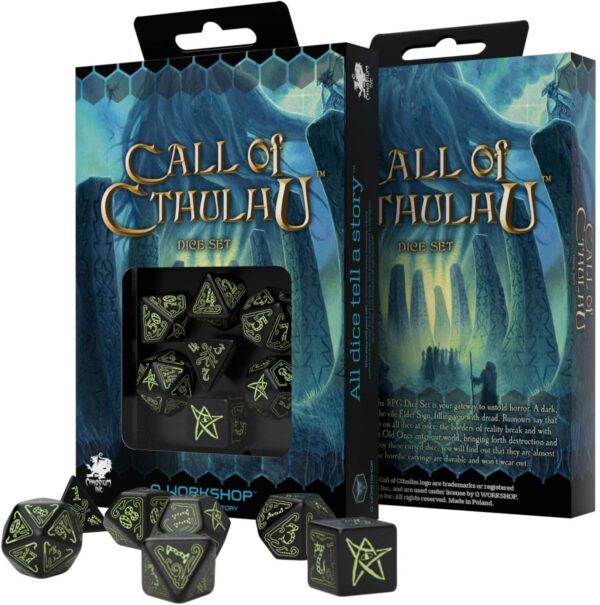 Q-Workshop Call of Cthulhu Black & Glow-in-The-Dark RPG Ornamented Dice Set 7 Polyhedral Pieces Black & Glow-in-the Dark, Standard (15mm - 17mm) - Image 3