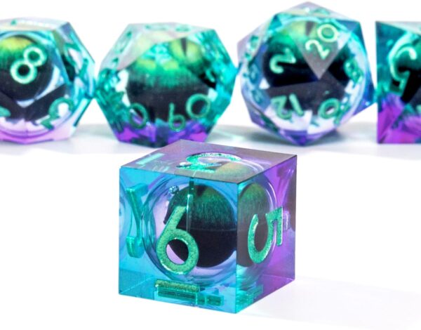 Beholder's Dragon Eye DND Dice Set,Sharp Edge Liquid Core Resin Handmade Cat Eye Dice with Gift Box 7 PCS for Role Playing Dungeons and Dragons Ttrpg(Green Purple Dragon Eye) - Image 7