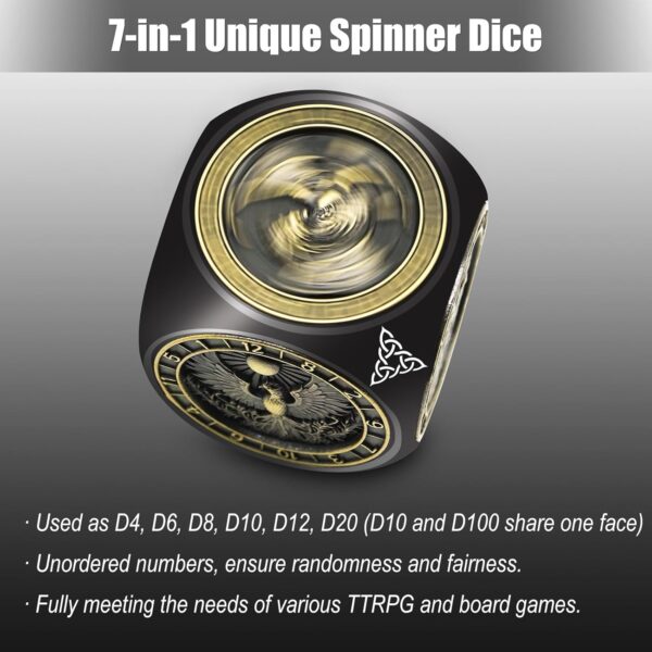 DND Spinner Dice, 7 in 1 Unique Metal Dice Set with 3D Relief for Dungeons and Dragons Gifts, Cool Polyhedral Role Playing Game Dice, Fantasy D&D Tabletop RPG Accessories for DM & Player (Black) - Image 3