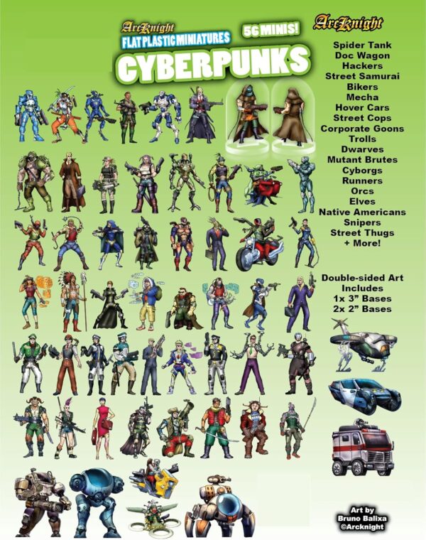 Arcknight Flat Plastic Miniatures: Cyberpunks; 56 Unique Sci-Fi-Themed Minis for Starfinder; Affordable, Skinny Figurines for SF, Shadowrun, and Other Tabletop RPG Games - Image 3