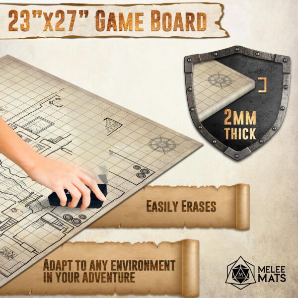 Melee Mats DND Map Starter Kit for Dungeons & Dragons Game - 23” x 27" Double Sided, Wet/Dry Erase Battle Terrain Grid - Ultimate Tabletop Board Gaming Experience with Accessories - Image 4