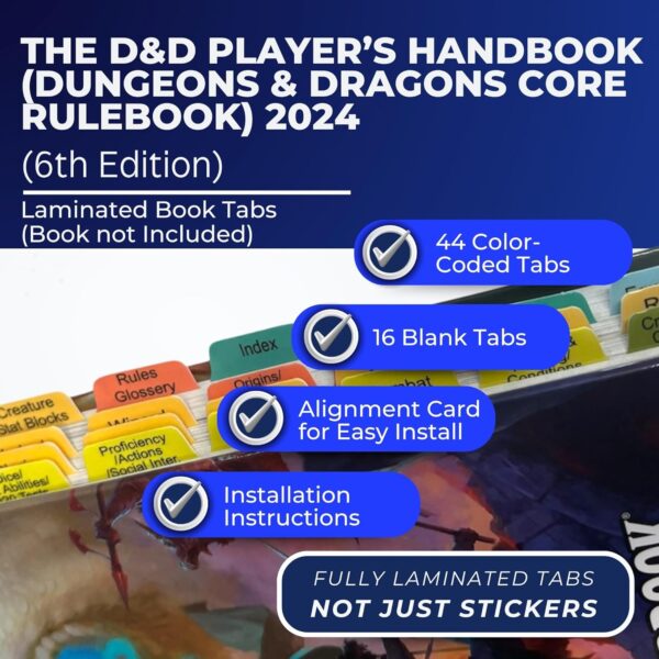 Book Tabs for The D&D Player’s Handbook (Dungeons & Dragons Core Rulebook) 2024 6th Edition. Laminated, Durable, Color-Coded Repositionable Tabs (Book not Inlcluded) - Image 3