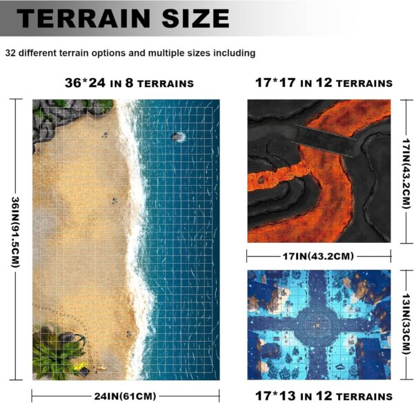 DND Map 32 Terrain 24” x 36",17” x 17",13” x 17" Double Sidedv Grids Dry Erase Battle Mats for Dungeons & Dragons Game with Dice Set,Clips,Eraser,Markers - Image 3