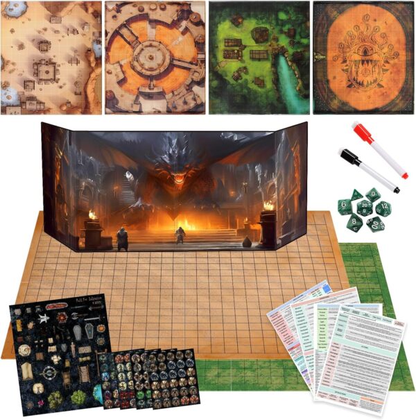 CZYY Foldable Battle Mat with DM Screen, Game Tokens, Dice Set, Markers - 2-Sided Wet & Dry Erase Terrain, Ultimate DND Starter Set, Accessories, Gift for Dungeon Master & Player - Image 2