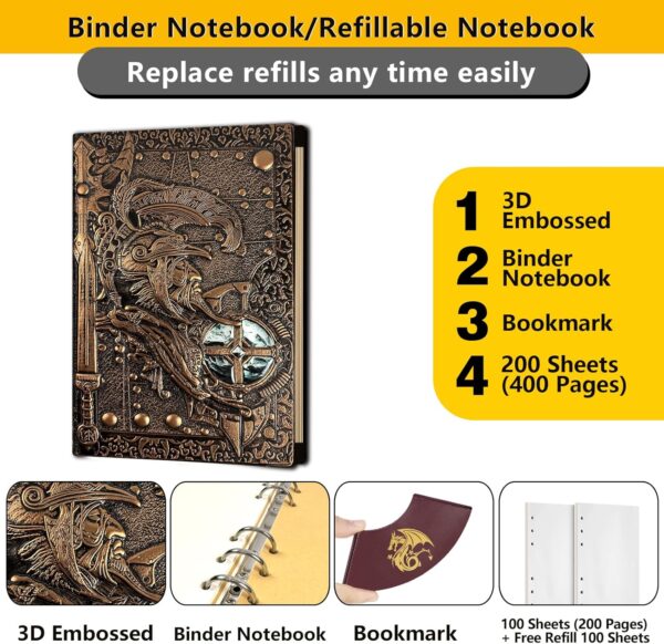 DND Binder Notebook,3D Leather Embossed Journal Writing Drawing 400 Pages for Dungeons and Dragons/D&D, Great RPG Accessories Nerdy Gifts for DM's & Players Girls Womens Mens - Image 3