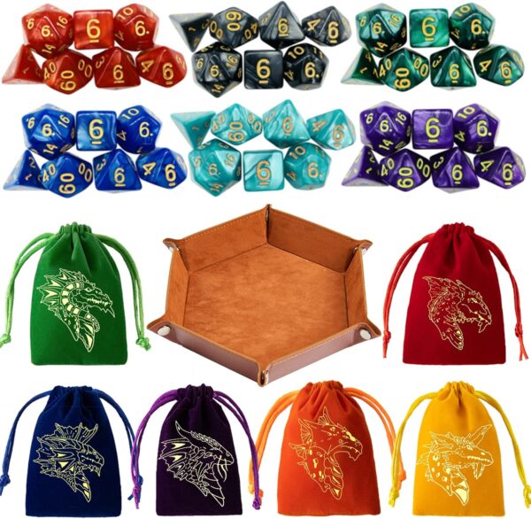 DND Dice Set 42 Pcs Polyhedral Dungeons and Dragons Rolling Dice for D&D RPG MTG Table Games Dice Bulk with Colorful Drawstring Bags and Dice Tray (Single) - Image 2