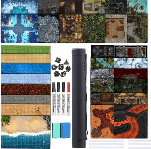 DND Map 32 Terrain 24” x 36",17” x 17",13” x 17" Double Sidedv Grids Dry Erase Battle Mats for Dungeons & Dragons Game with Dice Set,Clips,Eraser,Markers - Image 2