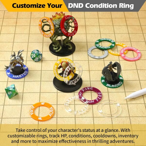 52 Unique DND Miniatures Condition Rings, 92 PCS Status Effects Markers - Including 5 Customizable Blank Rings, Ideal for Dungeons and Dragons & 5th Edition, Best DND Gifts for DM - Image 4