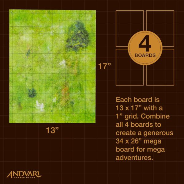 GSM Brands Battle Mat with Grid for Dungeons Role Playing Tabletop Dragons Game - 4 Pack Open Plains Setting Dry Erase Battle Boards, Non-Skid Back (17x13 Inches Each Makes 34x26 Board) - Image 3