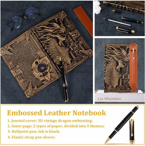 Vintage Dragon Embossed Leather Notebook DND Notebook Travel Journal with Black Ballpoint Pen and Pen Sleeve.Antique Handmade A5 Journal,Hardcover Liner,Writing Notebook Gift for Men&Women(Bronze) - Image 6