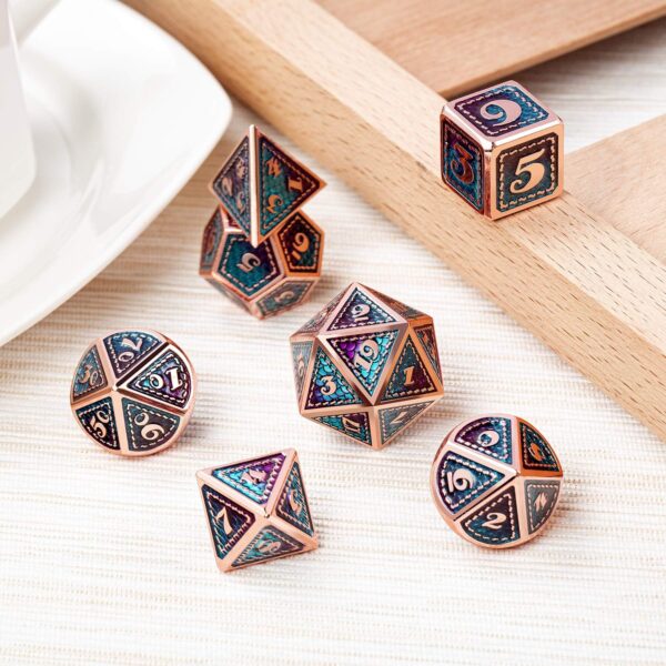 DNDND Metal D&D Dice Set,7 Pieces Dragon Scale Metallic D&D Die with Gift Metal Case for Dungeons & Dragon Game (Teal and Purple with Copper Edge) - Image 3