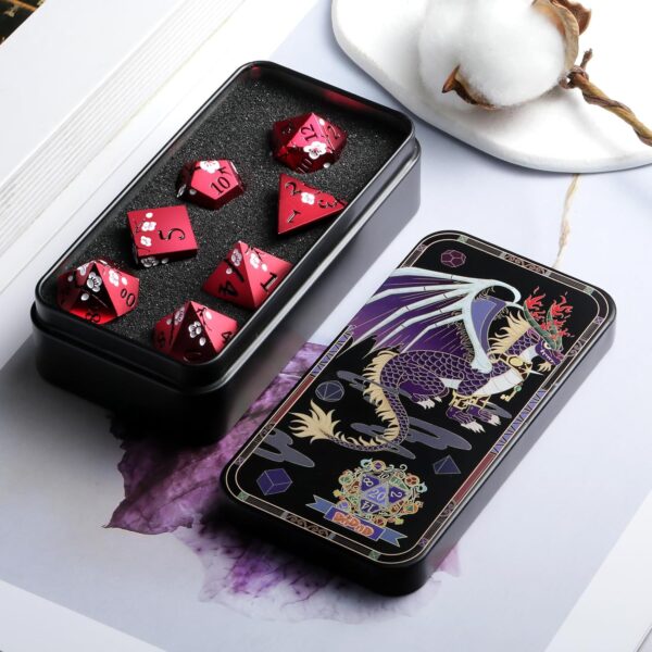 Matt Red DND Metal Dice, DNDND 7 PCS Heavy Metallic D&D Dice Set with Gorgeous Gift Case for Dungeons and Dragon Tabletop Game (Matte Red with White Flower) - Image 5