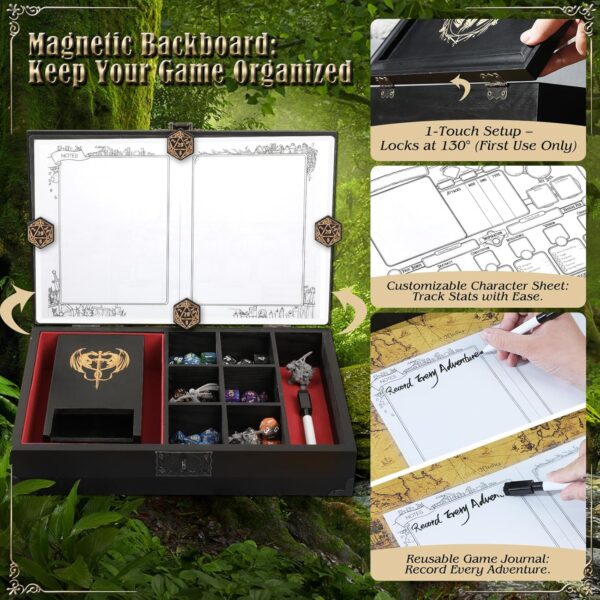 Portable Wooden Dice Tray & Tower with Magnetic Dashboard, Includes Reusable Sheet & Dry Erase Marker, Dice Holder & Box, RPG Storage - Perfect for Dungeons and Dragons, D&D, Board Games - Image 4