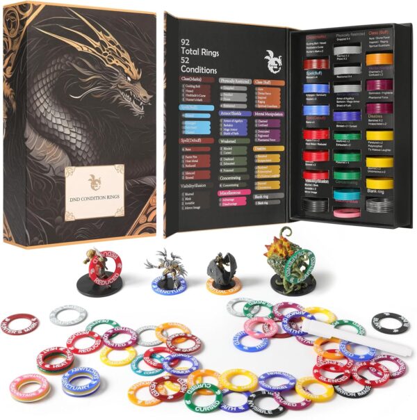 52 Unique DND Miniatures Condition Rings, 92 PCS Status Effects Markers - Including 5 Customizable Blank Rings, Ideal for Dungeons and Dragons & 5th Edition, Best DND Gifts for DM - Image 2