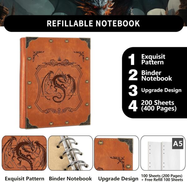 DUROTAN DND Journal D&D Notebook Embossed 400 Pages A5 Refillable Leather Notebook for Dungeons & Dragons Accessories D&D Gifts for DM's & Players Men & Women - Image 3