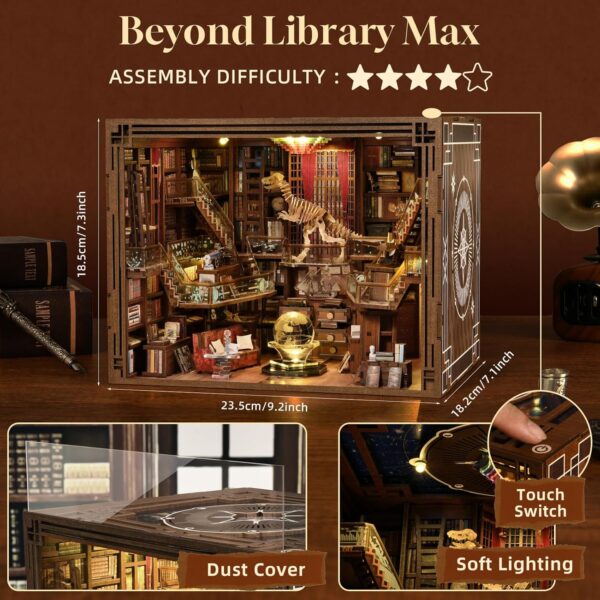 DIY Book Nook Kit, Miniature Dollhouse Booknook Kit, 3D Wooden Puzzle Bookend Bookshelf Insert Decor with LED Light for Teens and Adults (Beyond Library Max) - Image 4