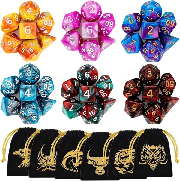 QMay DND Dice Sets - 6 X 7 Polyhedral Dice (42pcs) with 6 Drawstring Bags for Dungeons and Dragons, RPG, MTG,Role Playing Table Game - Image 2