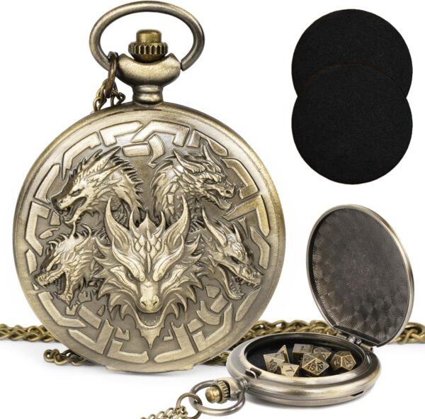 Kabinka DND Dice Set, 7pcs Mini Metal Dice with Pocket Watch Shell, Portable D&D Dice with Necklace, Dungeons and Dragons Dice for RPG(Five-Headed Dragon, Bronze) - Image 2