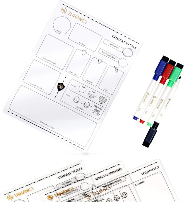 ENHANCE Tabletop Acrylic Character Sheet Set - Reusable 5e Dungeons and Dragons Character Sheets (Combat, Spell, Equipment) for All DND 5e Classes - Includes 3 Pages, Dry Erase Markers, Travel Pouch - Image 2