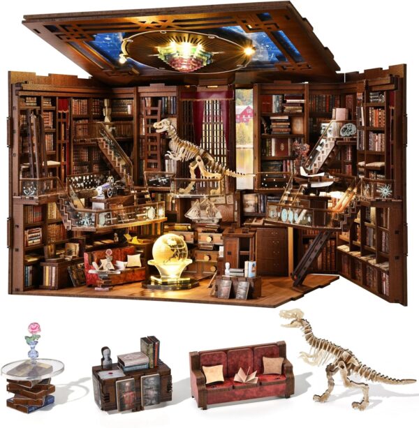 DIY Book Nook Kit, Miniature Dollhouse Booknook Kit, 3D Wooden Puzzle Bookend Bookshelf Insert Decor with LED Light for Teens and Adults (Beyond Library Max) - Image 2