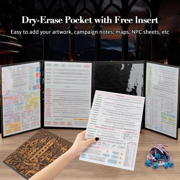 DND DM Screens 5e-Embossed Dungeons and Dragons Screen Foldable Design, Four-Panel with Pockets Dungeon Master Screen, Compatible with Rich Graphics for Dungeon Master Gifts - Image 3