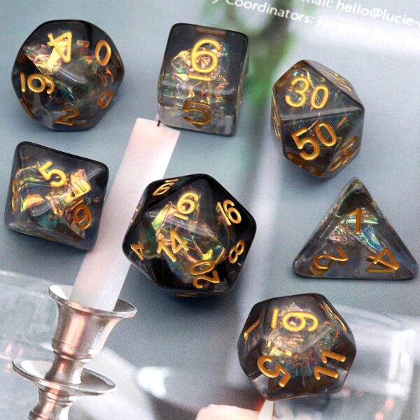 Haxtec Black DND Dice Set 7PCS Filled Resin Polyhedral D&D Dice W/Iridescent Mylar Inclusion Role Playing Dice Dungeons and Dragons Gift - Image 5